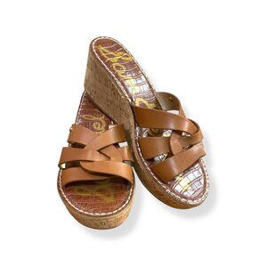 Sam Edelman Tan Leather Resort Cork Wedge Sandals Criss-Cross Straps Sz 7.5 Pool